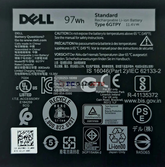 11.4V 97Wh Original Dell XPS 15 XPS 15 9570, Precision 5510, 5520, Inspiron 15 7590, 6GTPY Laptop Battery